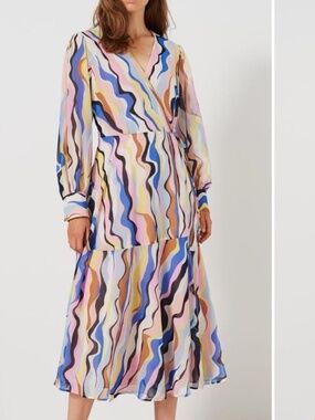 Marella Oggi Wrap Maxi Dress Sz US 2 Long Sleeve Pattern Multicolor Summer